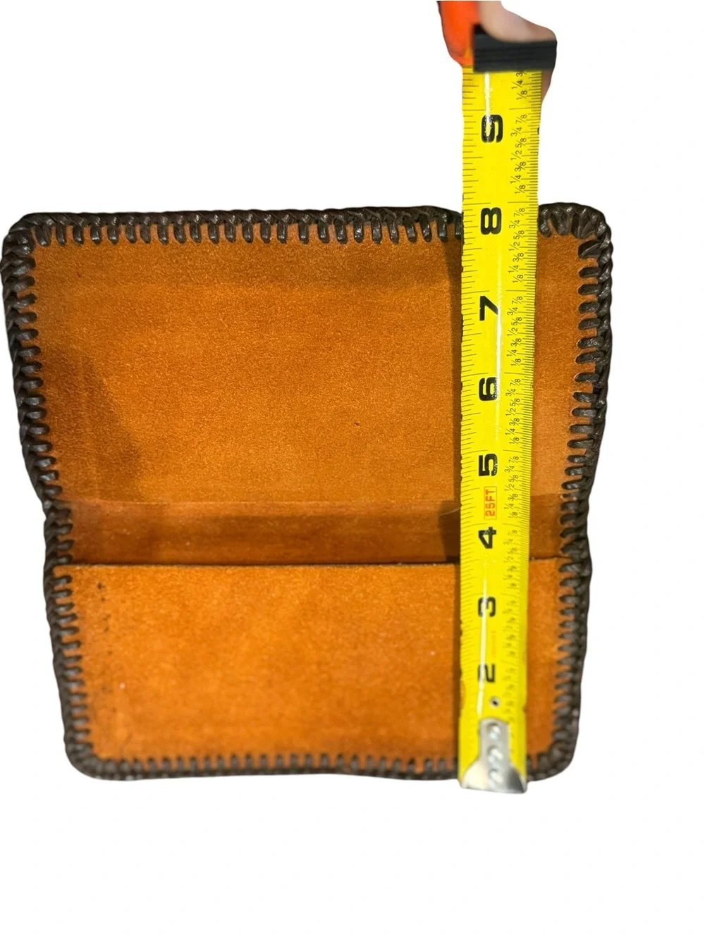 Handstitched Suede Check Holder in Caramel Brown